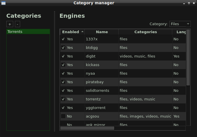 Custom categories window