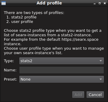 Create new profile dialog