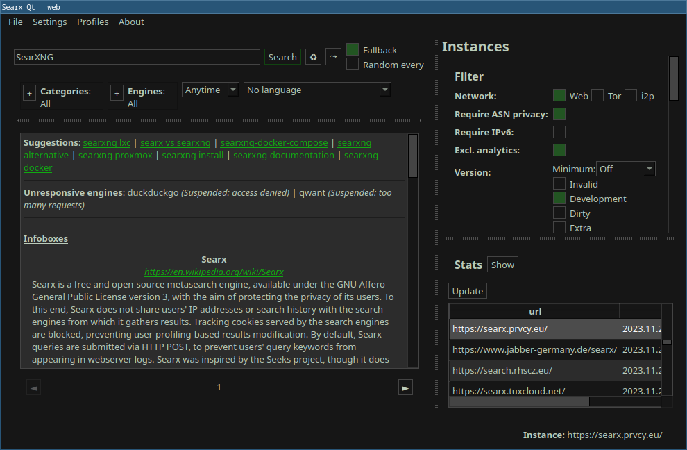 Searx-Qt v0.4 screenshot.
